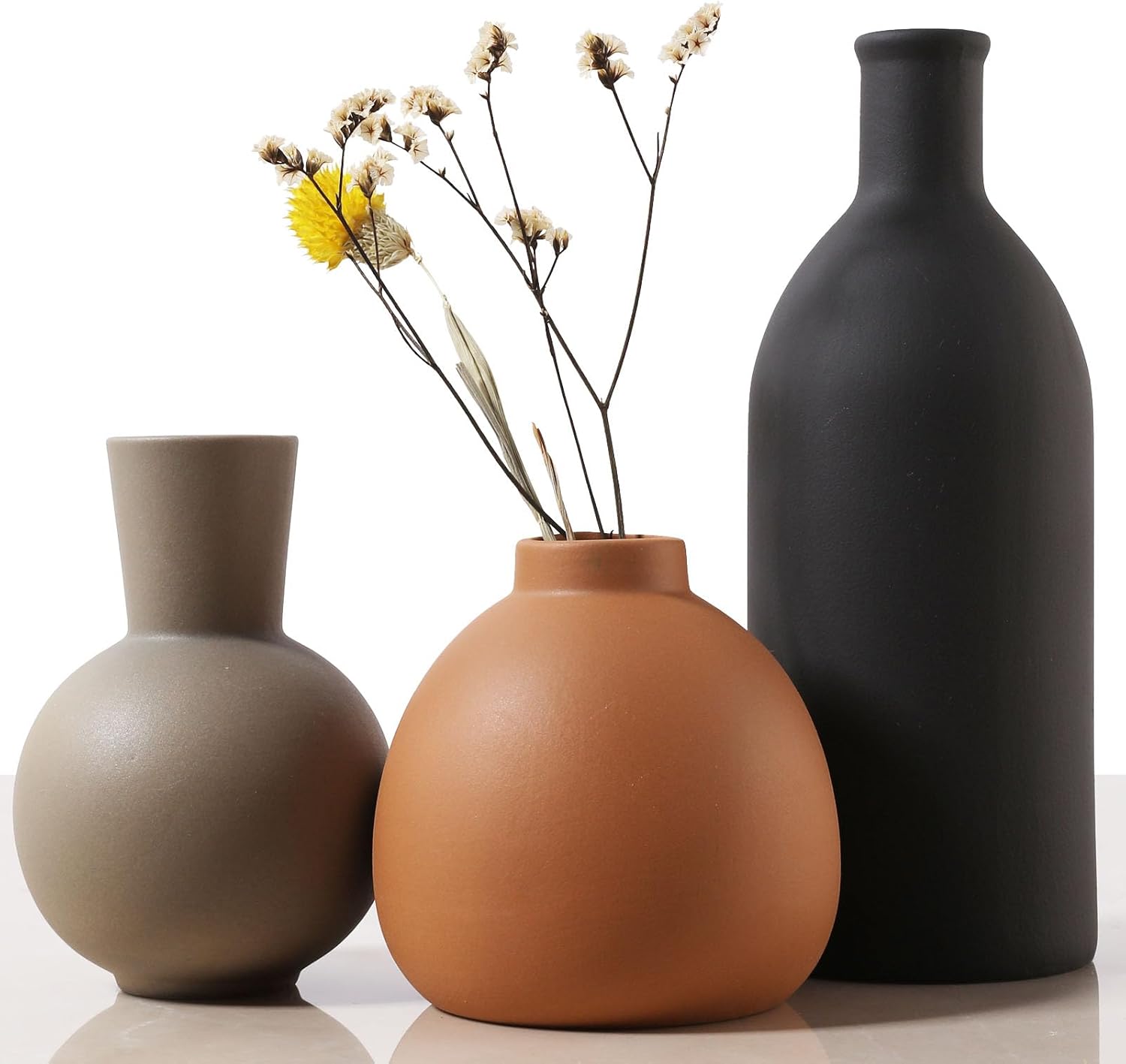 Ceramic Vase Set of 3, Decorative Flower Vases for Home Office Living Room Kitchen and Bedroom Modern Farmhouse Rustic Boho Aesthetic Decor for Shelf and Table Centerpieces