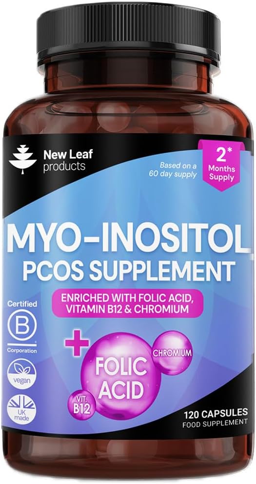 Myo-Inositol PCOS Supplement - Myo Inositol Capsules PCOS Supplement Enriched with Folic Acid, Vitamin B12 and Chromium - Hormone Balance for Women 120 Vegan Capsules UK Made New Leaf Vitamin B8