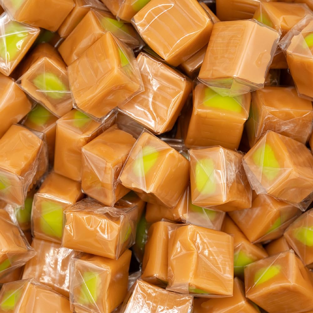 Caramel Cubes Candy - 2 Pound Bulk Pack (About 150 Count) - Green Apple Filling - Individually Wrapped
