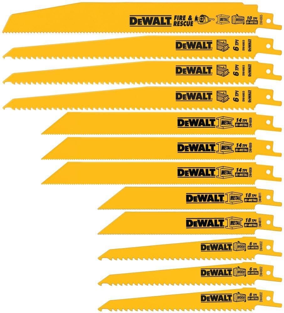 DEWALT Reciprocating Saw Blade Set for Metal Wood Iron, 12 Piece Bi-Metal Increased Durability Blades, with Storage Case (DW4892)