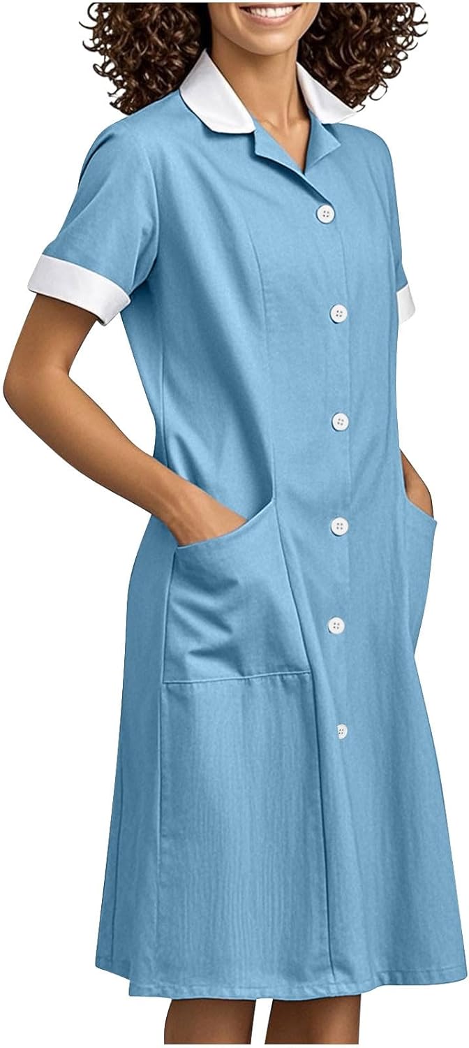 2025 Housekeeping Maid Uniform Dress Womens Button Down Scrub Dresses Workwear Pocket Short Sleeve Loose Dresses
