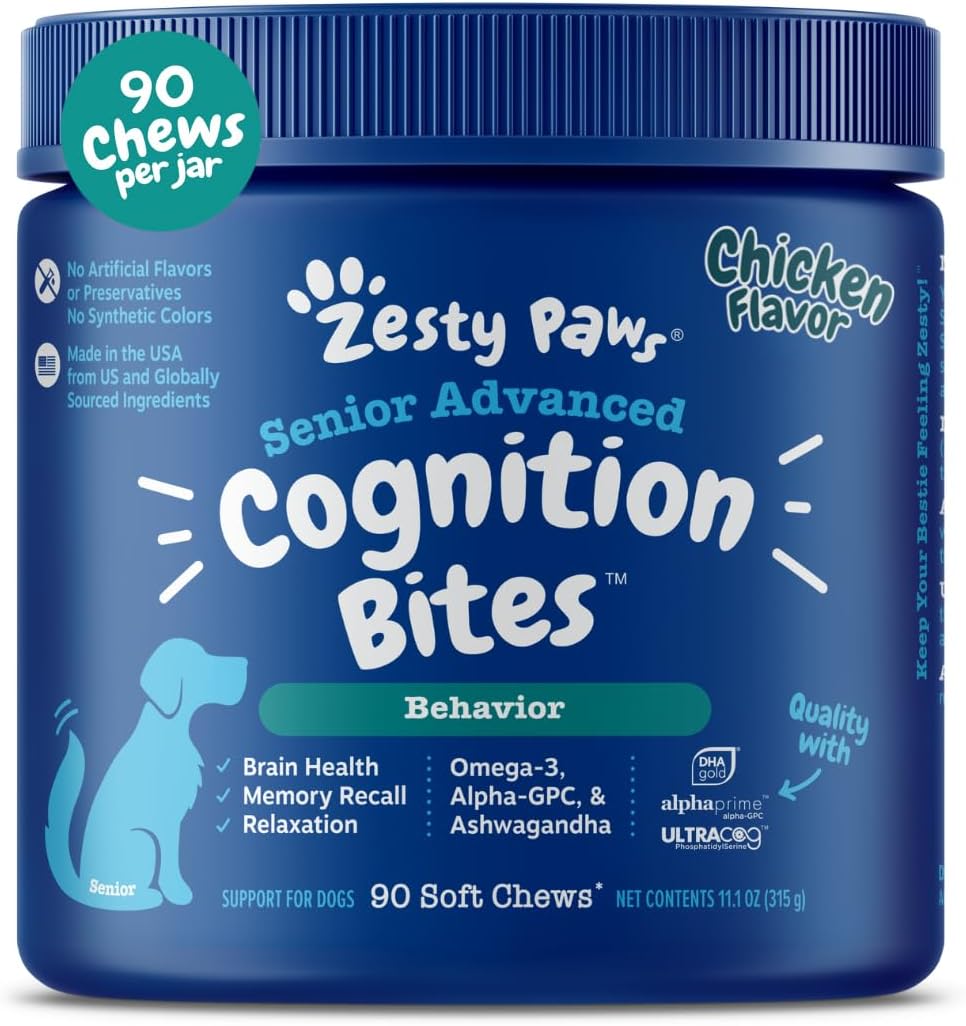 Zesty Paws Advanced Cognition Soft Chews for Dogs - with Omega 3 DHA, Ashwagandha & Alpha GPC - for Senior Dog Brain Health & Nervous System Support - Supplement for Calming & Relaxation - 90 Count