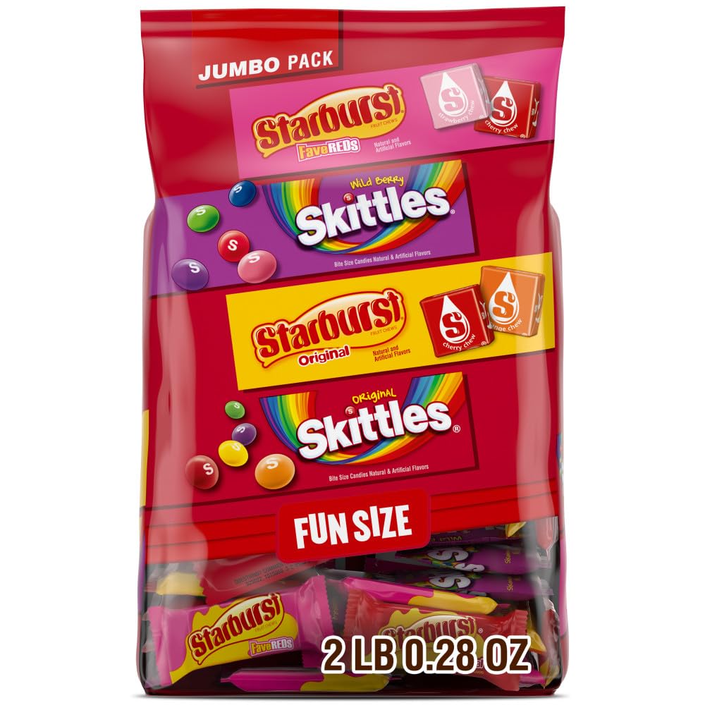 Wrigley's Assorted Candy Variety Pack, SKITTLES Original, SKITTLES Wild Berry & STARBURST Original and STARBURST FaveReds Fun Size Chewy Candy, 32.28 Oz Jumbo Pack, Bulk Bag