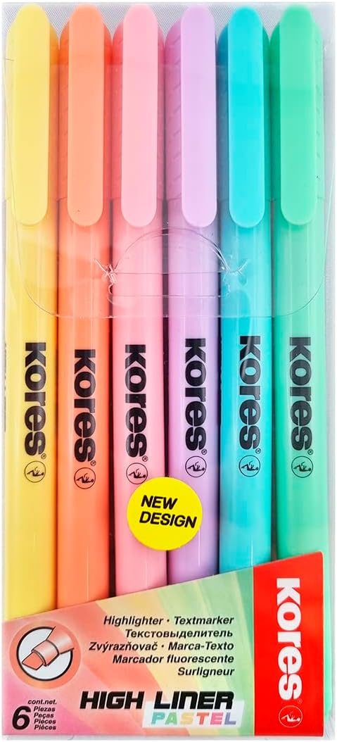 Kores - Highlighter Pens - High Liner Pastel, Water Based-Ink Highlighter Pens with Ergonomic Shape - Office and Stationery Supplies, Revision Supplies - Set of 6 Assorted Colours