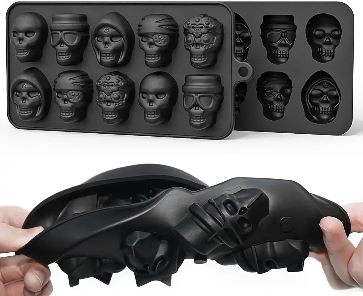 10-Cavity Skull-Shaped Silicone Ice Ball Mold Whiskey and Cocktail Ice - Versatile Chocolate Mold Included (Black Skull)
