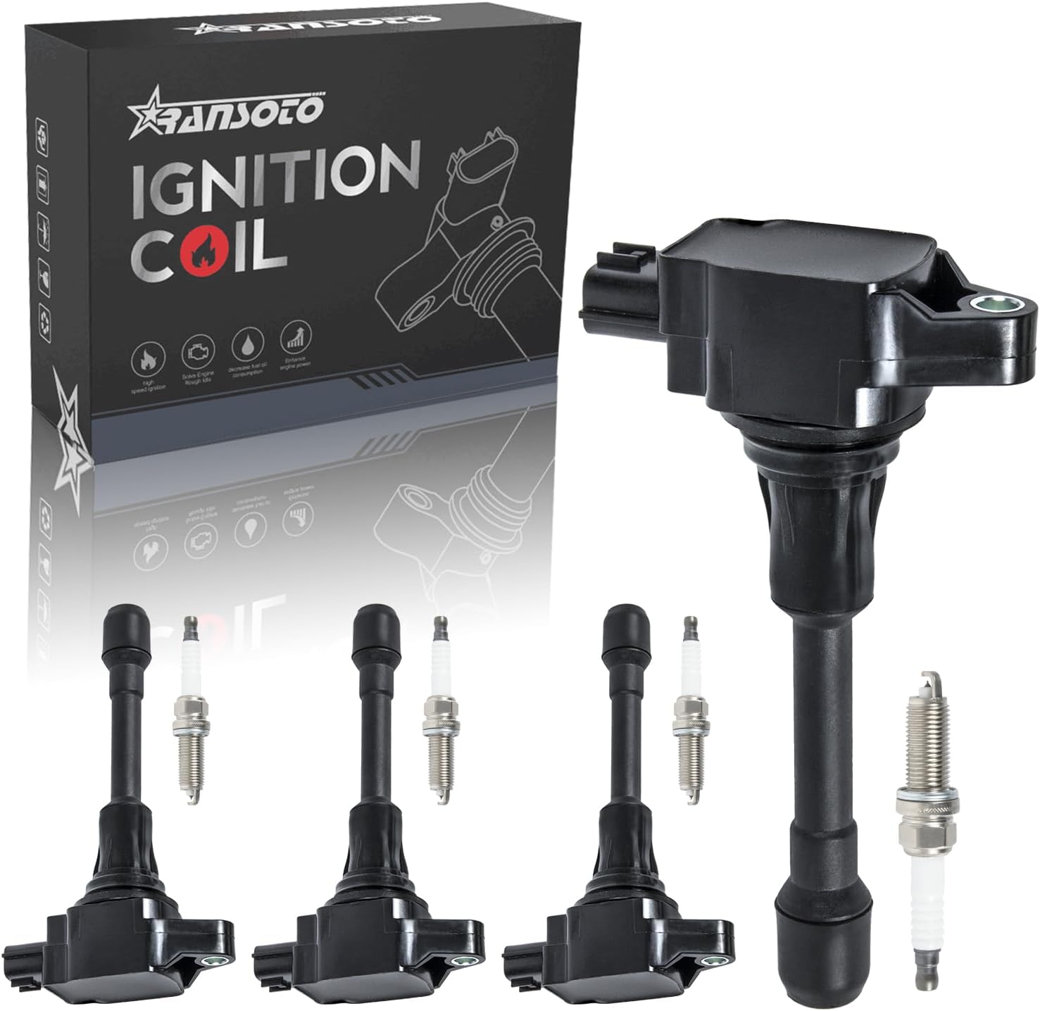 RANSOTO Ignition Coil Pack and Iridium Spark Plug Compatible with Nissan Altima Rogue Sentra Cube Versa NV200 1.6L 1.8L 2.0L 2.5L 2007-2019 Replaces UF549 9029 Set Of 4