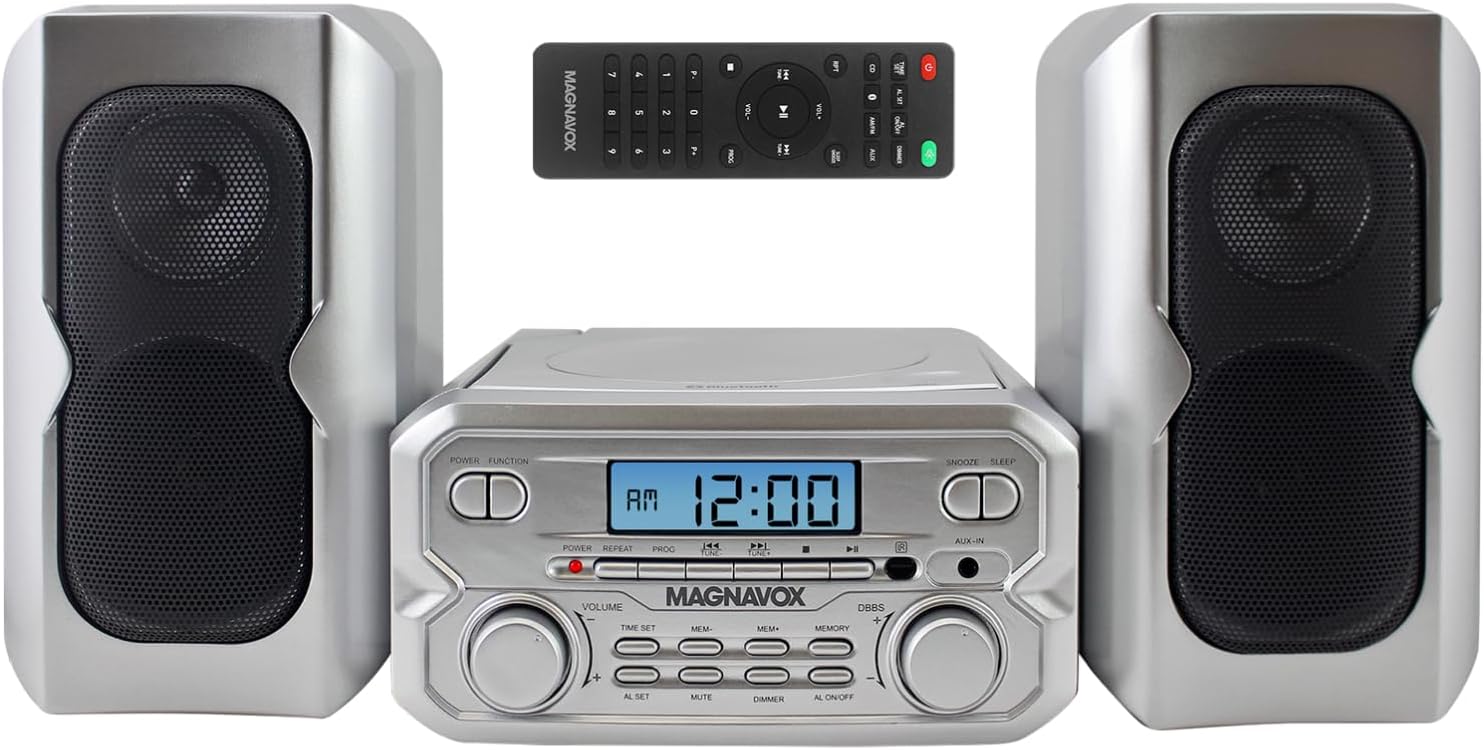 Magnavox MM435M2-SL 3-Piece Compact CD Shelf System with Digital FM Stereo Radio, Bluetooth Wireless Technology, and Remote Control in Silver | LCD Display | AUX Port Compatible | 2024 Version |