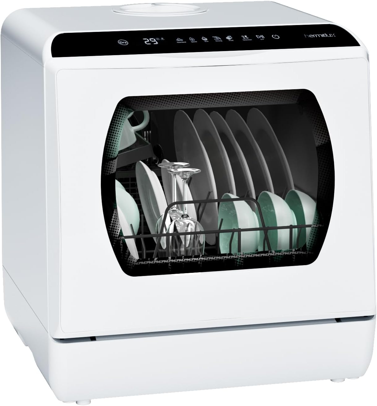 Hermitlux Portable Countertop Dishwashes, 5 Washing Programs Mini Dishwasher with 5-Liter Built-in Water Tank for Apartments & RVs, Tabletop Dishwasher with LED Light & Glass Door, No Hookup Needed