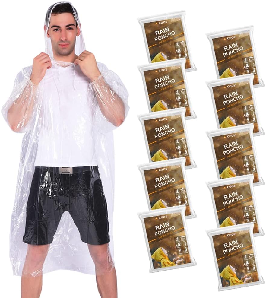 Rain Ponchos,with Drawstring Hood (10 Pack) Emergency Disposable Rain Ponchos Family Pack for Adults,Clear
