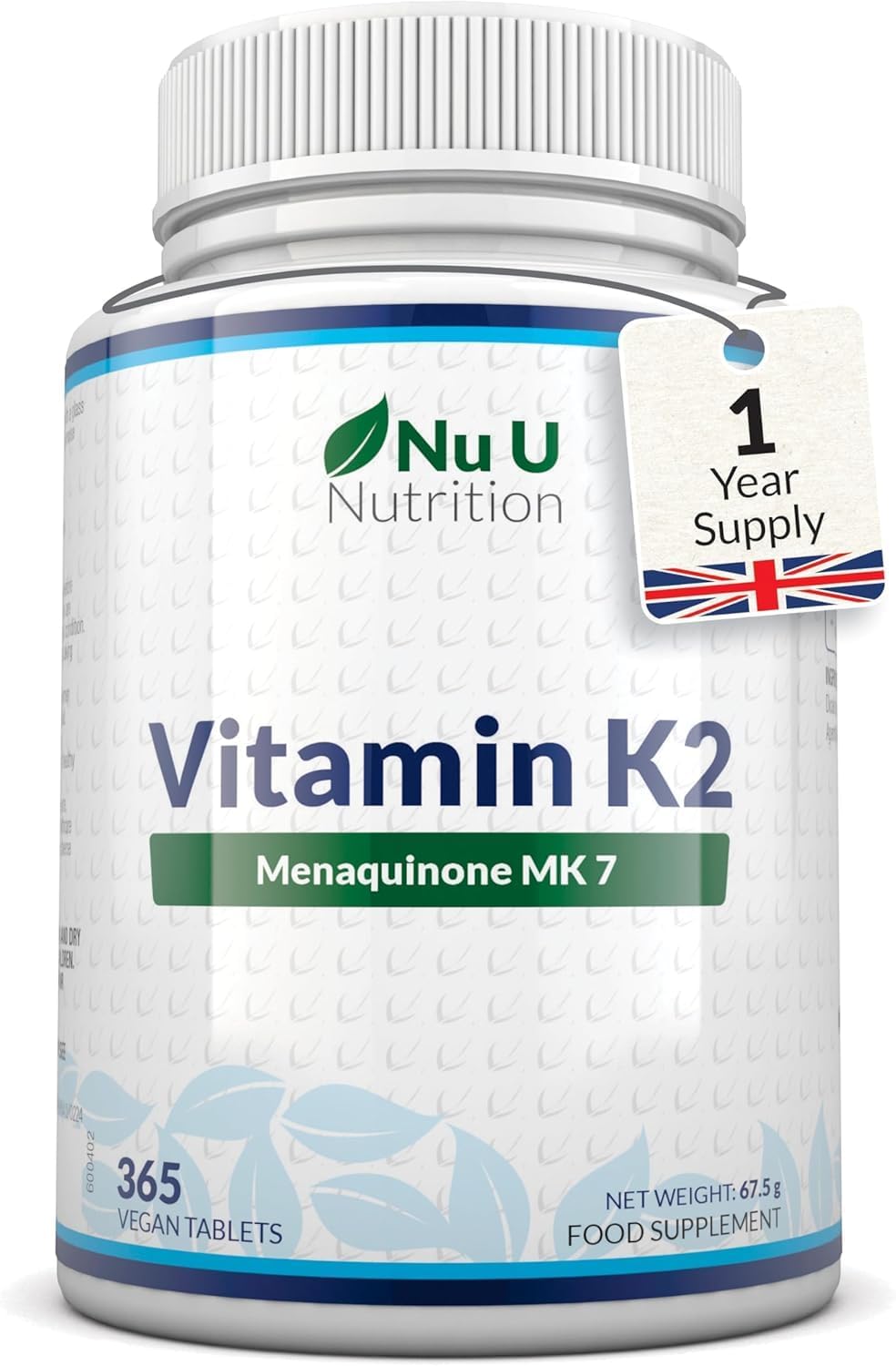 Vitamin K2 MK 7 200mcg - 365 Vegan Tablets (not Capsules) - 1 a Day - 1 Year Supply - High Strength VIT K2 Menaquinone - Made in The UK - Nu U Nutrition