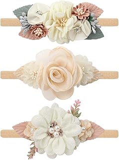 VOBOBE Baby Girl Nylon Headbands Infant Flower Elastic Hair band Bows Wraps For Newborn Toddler Hair Accessories Pack of 3 (A-Beige)