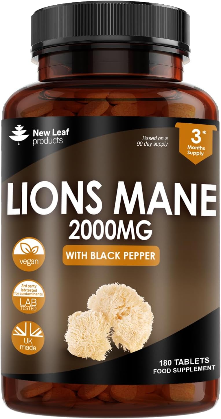 LEAF PRODUCTS Lions Mane Mushroom 2000mg - 180 High Strength Vegan Tablets - Lion's Supplement with Black Pepper - Mushrooms Extract (Not Powder or Capsules) Made in The UK, Number Of Items: 1