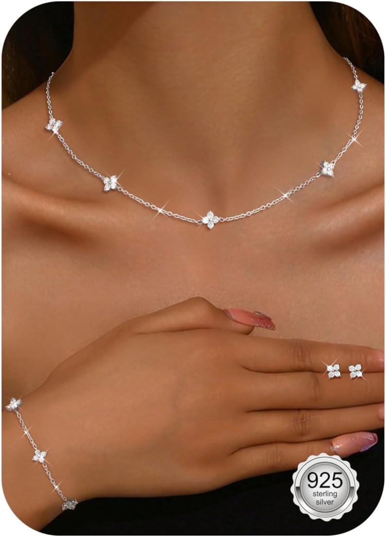LOLIAS 925 Sterling Silver Necklace for Women Stud Earrings Gold Bracelet Set Adjustable Choker Necklace Link Chain with Cute Cubic Zirconia Dainty Wedding Brides Jewelry Set