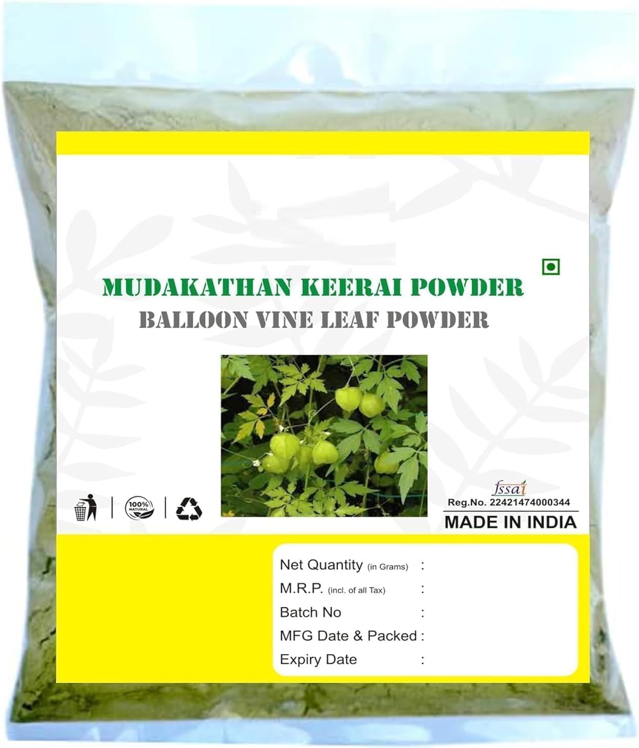 MU Mudakathan Keerai Powder, 250g, Balloon Vine Leaf Powder, Kanphata, Budda Kakara, Agniballi, Jyotishmati Leaf Powder, 250g, (Pack 2 x 100g, Pack of 1 x 50g)