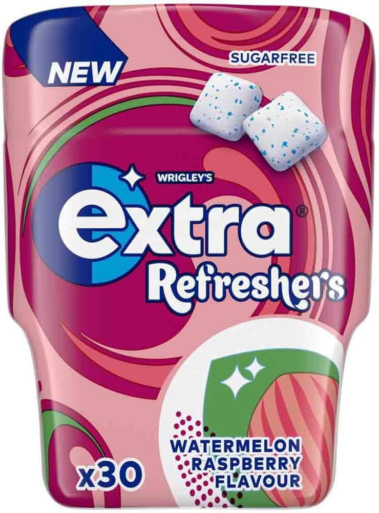 Extra Refreshers Watermelon Raspberry Flavour Sugarfree Chewing Gum Bottle, 1 pack of 30 Pieces