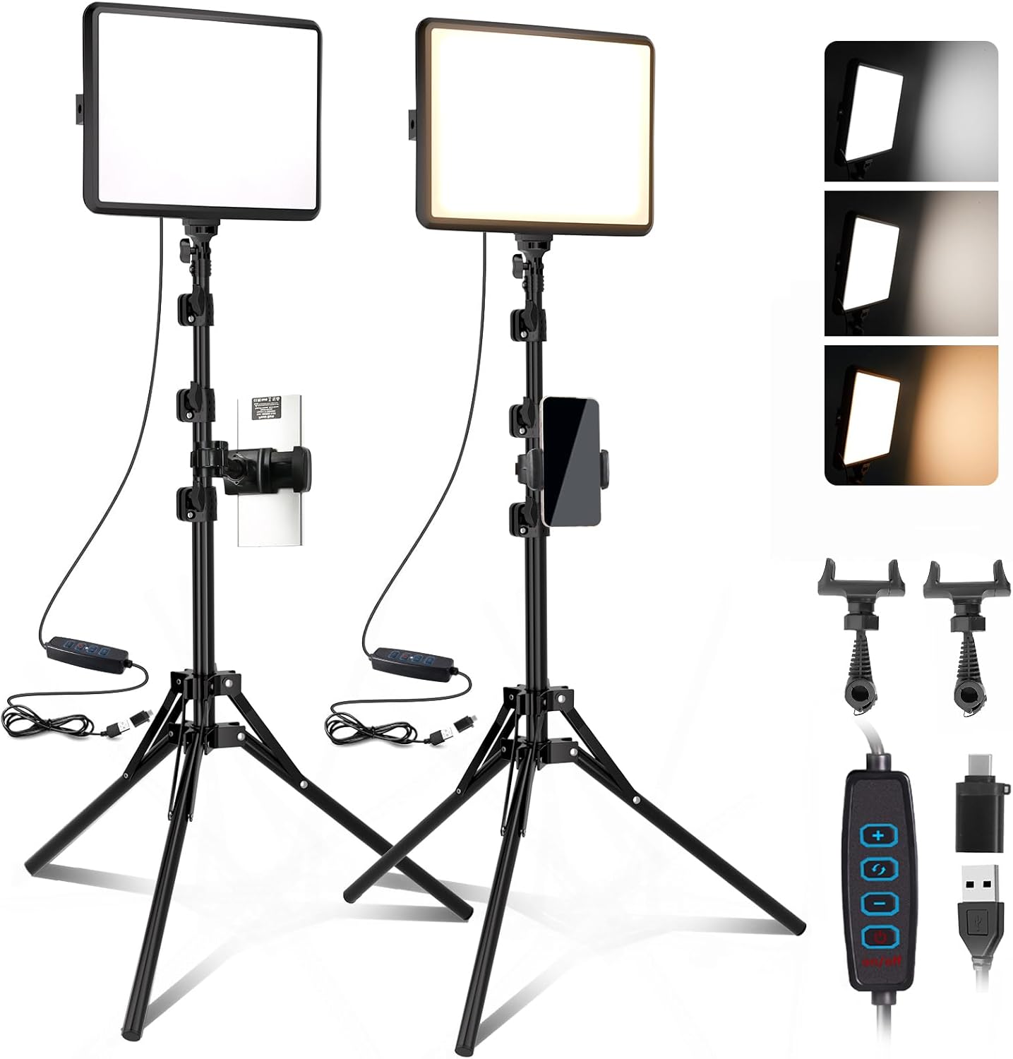2-Pack LED Video Light Kit, NiceVeedi Studio Light, 2800-6500K Dimmable Photography Lighting Kit with Tripod Stand&Phone Holder, 73" Stream Light for Video Recording, Game Streaming, YouTube
