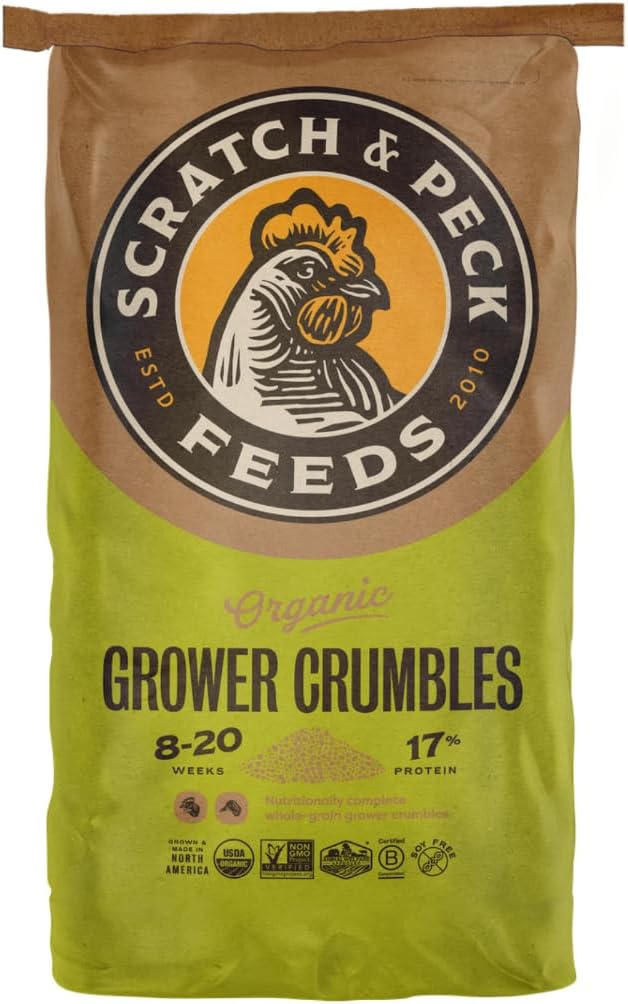 Scratch and Peck Whole Grain Grower Crumbles Chicken and Duck Feed - 25 lbs Bag - Corn-Free and Soy-Free - 17% Protein, Certified Organic and Non-GMO Project Verified Chicken Food