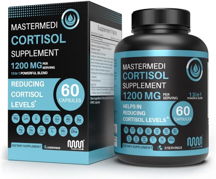 mastermedi Cortisol Support Supplement – Adaptogen & Nootropic Blend with Ashwagandha, Magnesium, Lion’s Mane & GABA – 60 Vegan Capsules