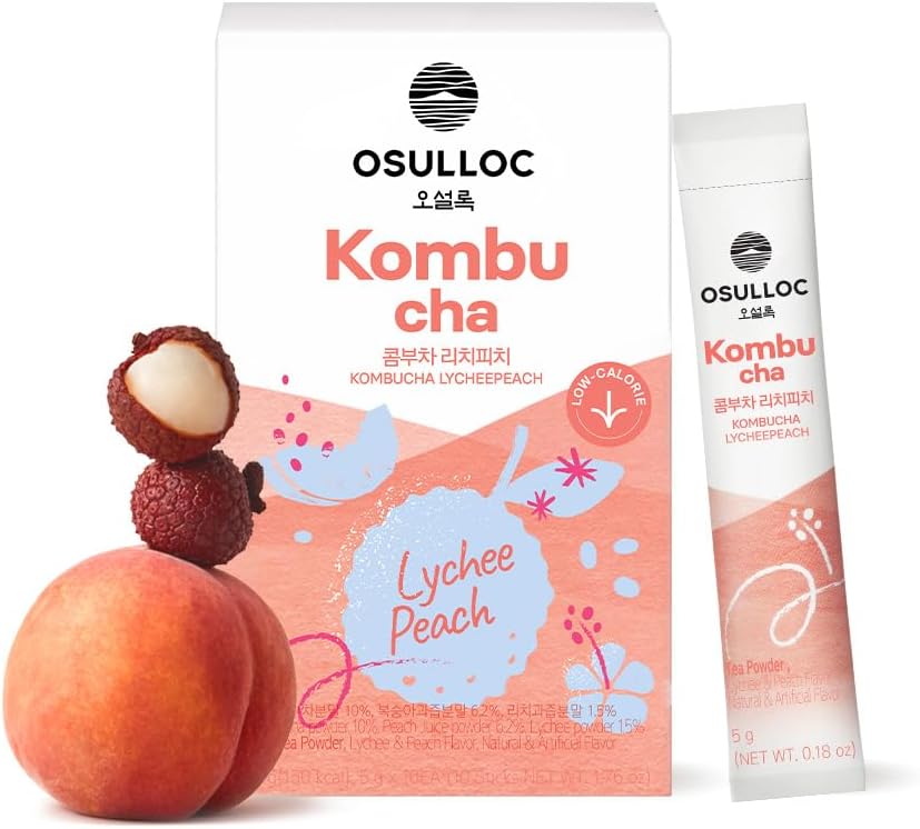 Osulloc Kombucha Tea LycheePeach (Lychee & Peach Blending), Sparkling Powdered Mix Beverage, No added sugar, 10 Sticks, 1.76oz