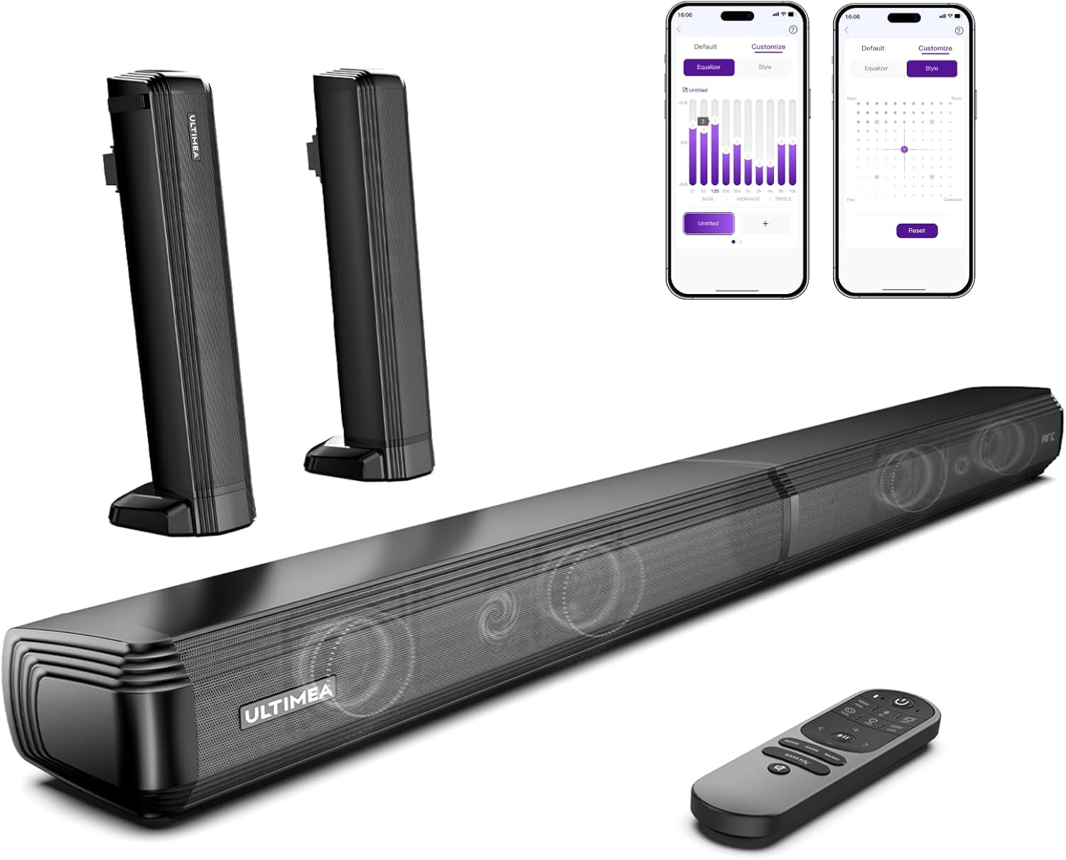 ULTIMEA 2.2ch Sound Bars for TV, Peak Power 100W, App, 2-in-1 Detachable Bluetooth 5.3 Soundbar, 3 EQ Modes, Bass Adjustable for TV Speakers, ARC/Optical/Aux/Wall Mount, Apollo S40 Pro 2025 Version