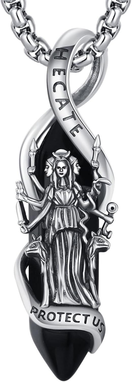 Hecate Necklace Hekate Triple Goddess Witches Pendant 925 Sterling Silver Healing Crystal Necklace Ancient Greek Mythology Hecate Witchcraft Moon Magic Amulet Jewelry for Women Men