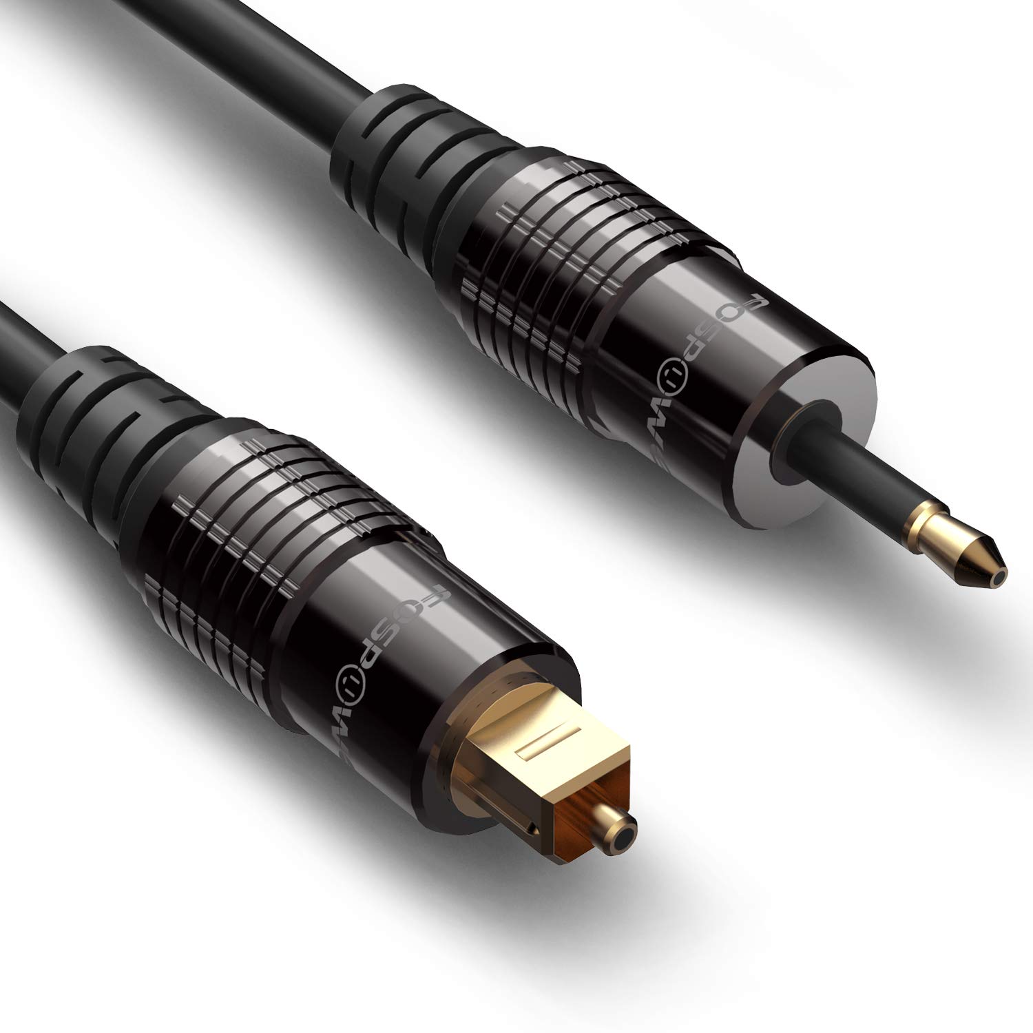 FosPower 24K Gold Plated Toslink to Mini Toslink Digital Fiber Optical S/PDIF Audio Cable with Metal Connectors & Strain-Relief PVC Jacket - 3ft