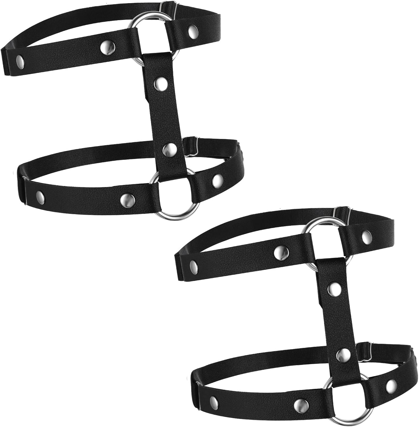 Giantree Leather Leg Harness, Adjustable Elastic 2 Rows Leather Leg Belt Ring Body Harness, Black Punk Garters Belts Thigh Holster Strap Club Halloween Body Chain Accessories Jewelry for Women