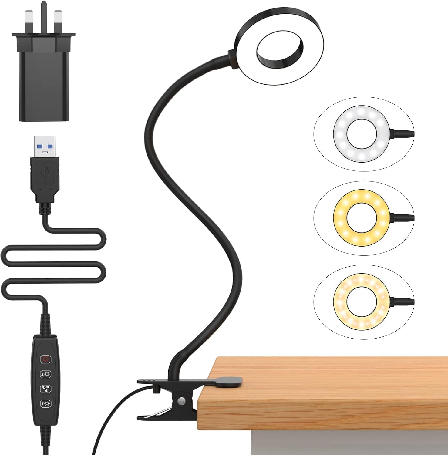 iZELL LED Desk Lamp with USB Adapter【3 Color Modes 10 Brightness】 Eye Caring Clip on Clamp Light, 40cm Flexible Arm Book Ring Light for Gaming/Video Conference/Reading, Clip on Table, Headboard
