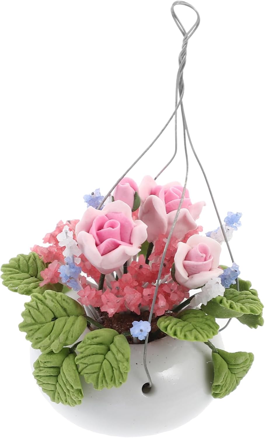 Vaguelly 1PC Miniature Flower Potting Ornament Creative Pink Rose Hanging Basket for Dollhouse Decoration Safe Material Detail Home Decor Pink Green