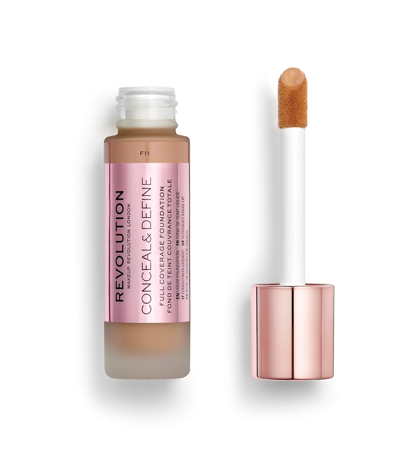 Revolution, Conceal & Define Foundation, Full Coverage, Long-Lasting Matte Finish, Vegan & Cruelty-Free, F11 Medium to Dark Skin Tones, 0.8 fl oz