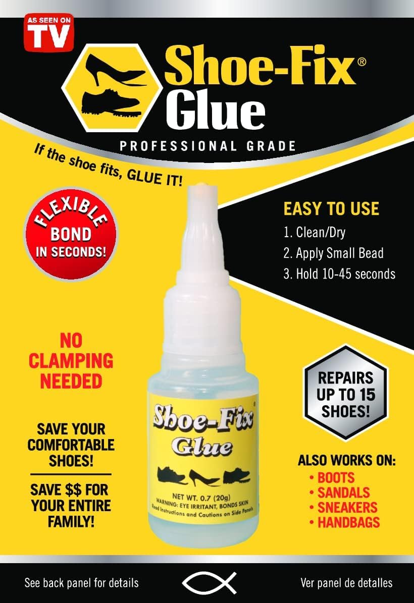 Shoe-Fix Glue Professional Grade Repair Adhesive for All Footwear Instant Bond, Clear Drying, Flexible, & Durable for Heels, Sandals, Boots, Athletic Shoes, & More (20g Tube)
