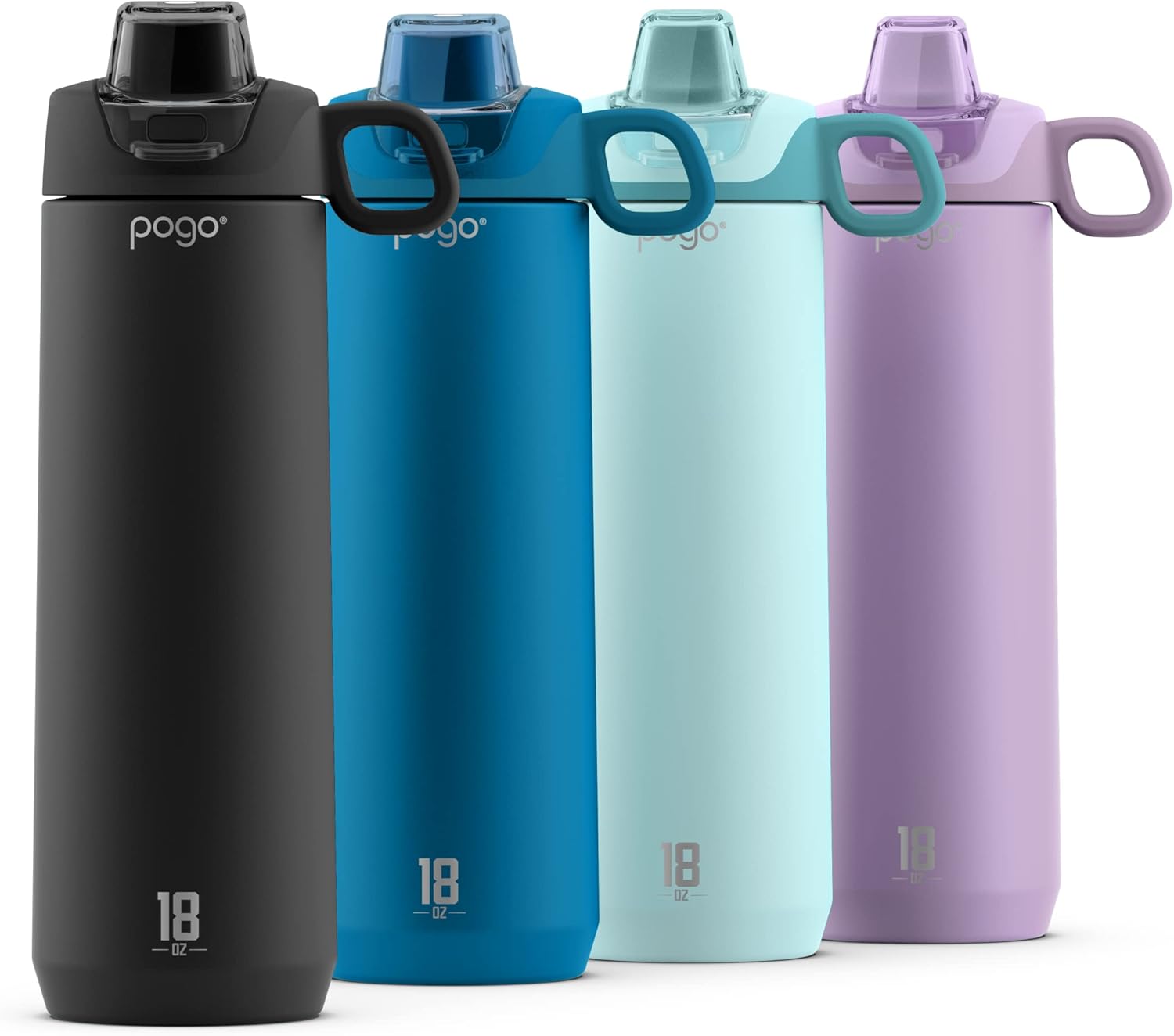 Pogo Active Vacuum Insulated Stainless Steel Water Bottle with Leak Proof Chug Lid and Silicone Carry Loop, Powdercoat, Black, 18 oz