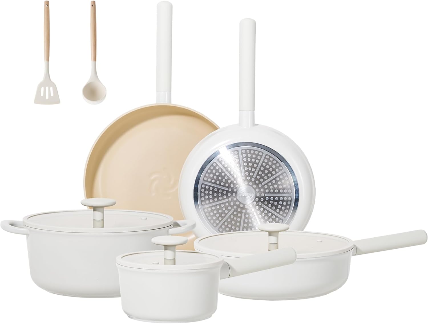 JEETEE Ceramic Cookware Set, 15 PCS Pots and Pans Set Non Stick with Removable Handles, Non Toxic Induction Kitchen Cookware Sets, Dishwasher/Oven Safe PFAS/PTFE/PFOA Free Cream