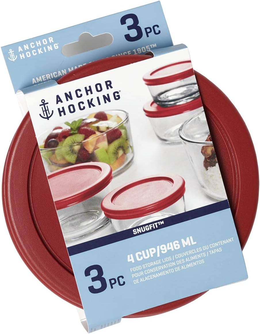 Anchor Hocking Replacement Lids for Glass Food Storage, 4 Cup Round, Set of 3 (Also Compatible with Pyrex Glass Food Storage)