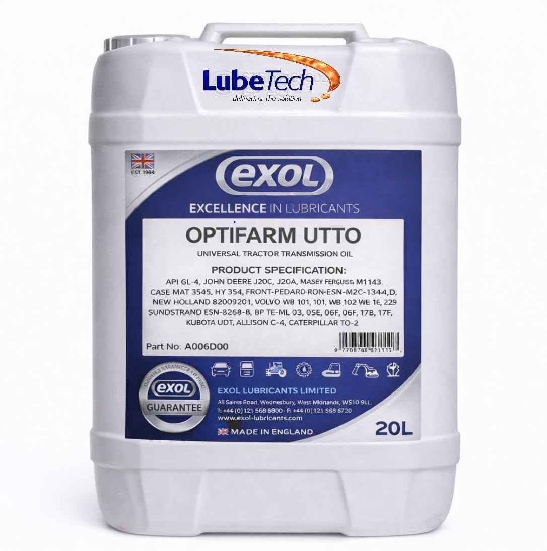 EXOL OPTIFARM UTTO 20L, A UNIVERSAL TRANSMISSION HYDRAULIC OIL SUITABLE FOR HYDRAULICS TRANSMISSIONS WET BRAKES ON MANY MODERN AGRICULTURAL APPLICATIONS UK MADE
