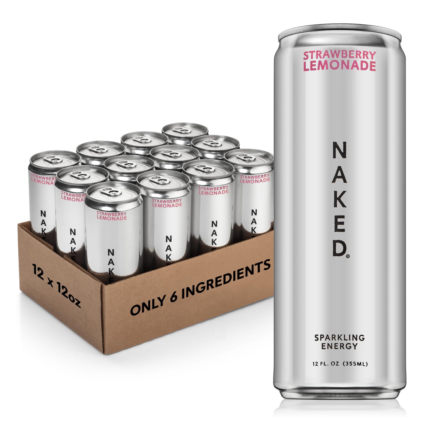 Naked Sparkling Energy Drink - Strawberry Lemonade, Organic Caffeine, Organic Lemon Juice, Zero Sugar, No Sucralose, Naturally Sweetened, Natural Energy Drinks, Vegan, Gluten-Free, Non-GMO - 12oz Cans (Pack of 12)
