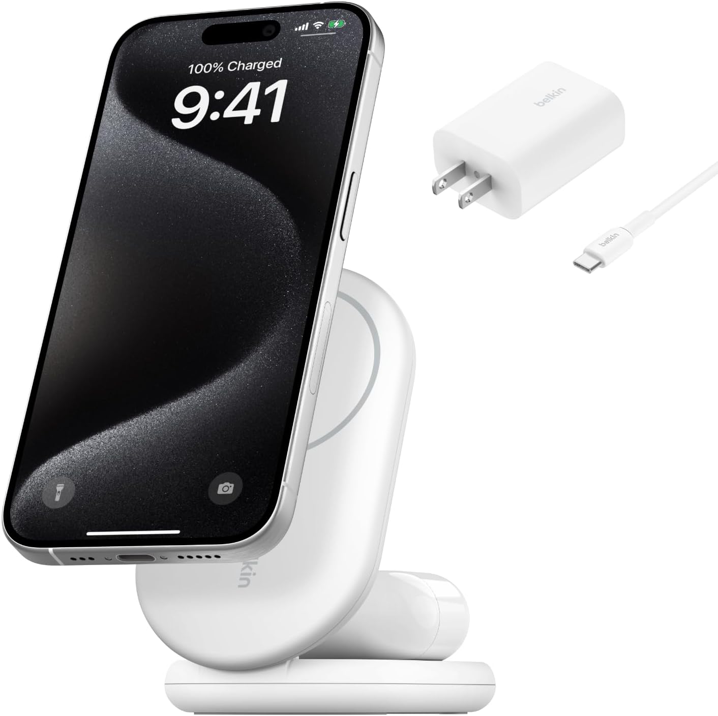 Belkin MagSafe-Compatible Charger, 2-in-1 Magnetic Foldable Charger 15W - Qi2-Certified Wireless Charging for Apple iPhone 16, Apple Watch, Samsung Galaxy S25 w/Non-Slip Base, PSU Included - White