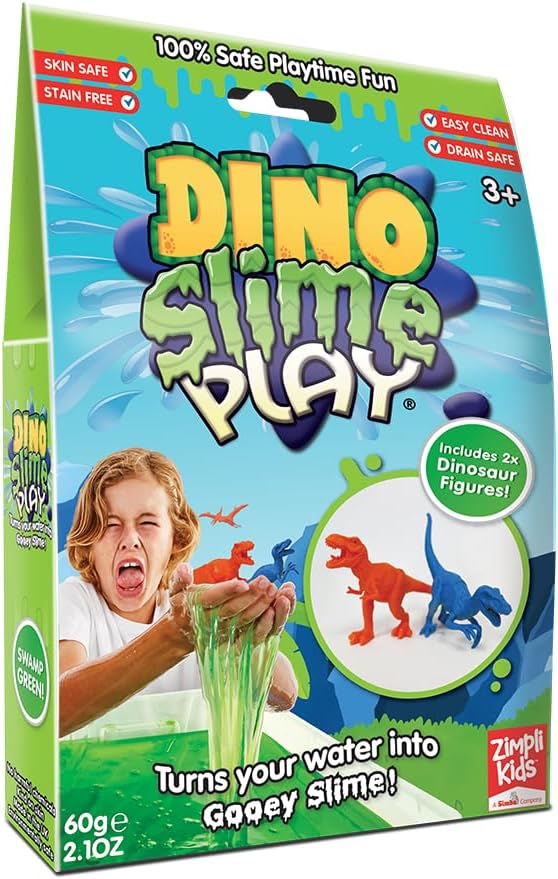 Zimpli Kids Dino Slime Play Green, 2 x Dinosaur Figure Set, Magically Turns Water into gooey, Colourful Slime, Jurassic Toys for Ages 3 and up, Slime Kit for Boys & Girls, STEM Educational Toy