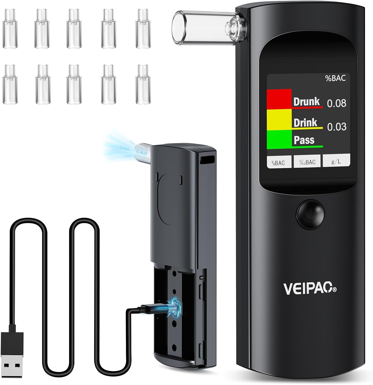 VEIPAO Alcohol Breathalyzer Tester UK Breathalysers: Portable Breathalyser with 11 Mouthpieces - Digital LCD Screen Alcohol Test Kit High Accuracy for Home Personal Professional Use