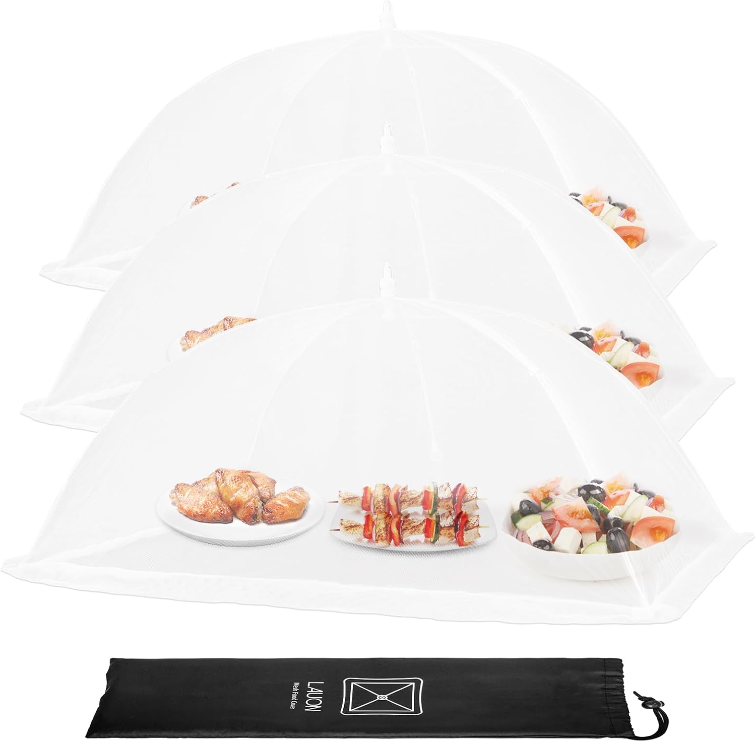 Extra Large Food Cover, 3 Jumbo (40"X23.7"), White Mesh Plate Serving Tents, Pop-Up Umbrella Screen Tents, Patio Net for Outdoor Camping, Picnics, Parties, BBQ, Collapsible and Reusable