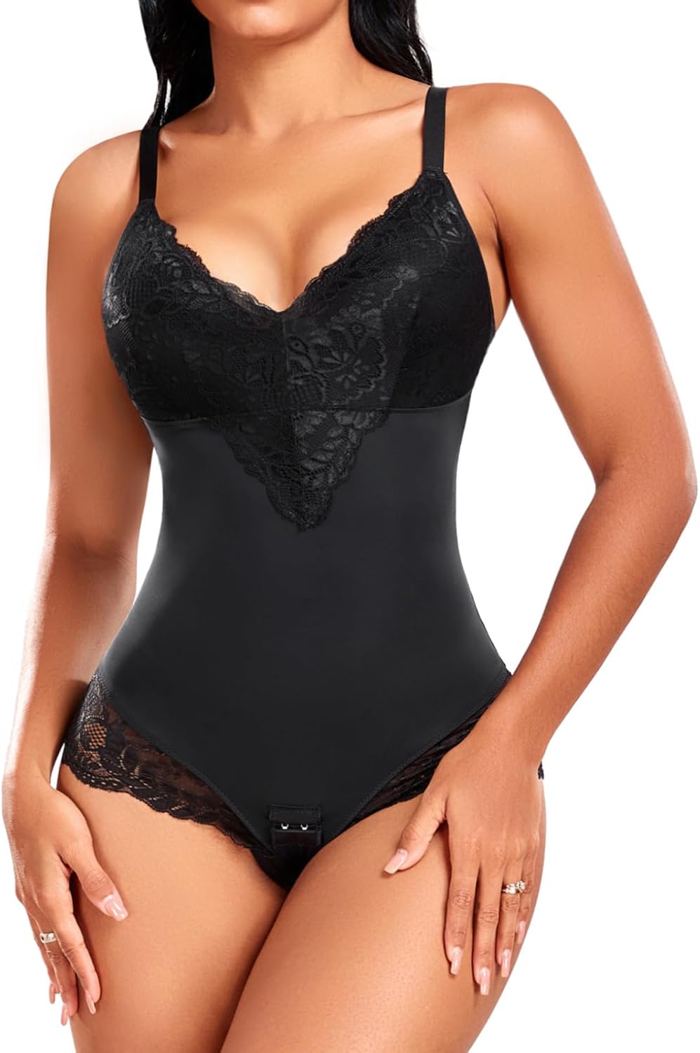 Niwicee Women Shapewear Bodysuit Tummy Control Full Body Shaper Seamless Sculpting Adjustable Straps V Neck Lace Shaping Leotard Tops Waist Trainer Vest