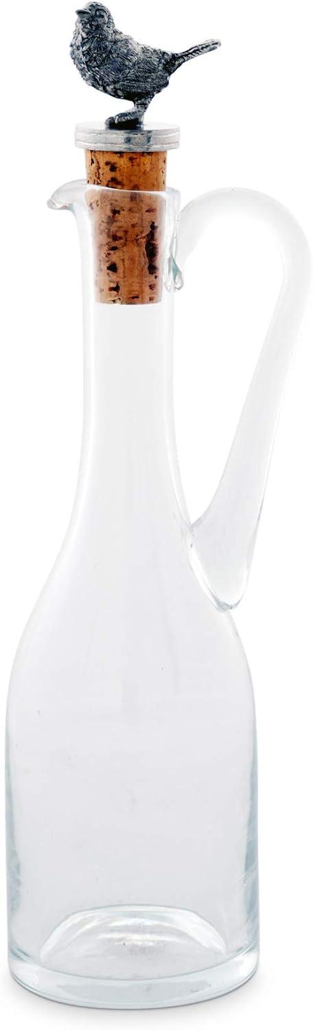 Vagabond House Hand-Blown Cruet Glass Bottle with Cork Stopper and Solid Pewter Song Bird - Oil and Vinegar Bottle 9 inch Tall 5 oz