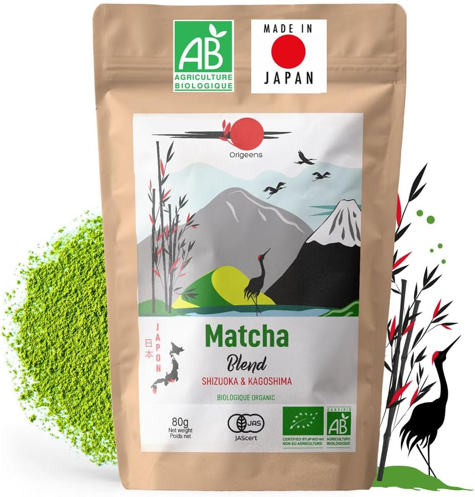 ORIGEENS Organic Japanese Matcha Tea - Blend from Shizuoka and Kagoshima - Organic Matcha Green Tea Powder 80g Bag