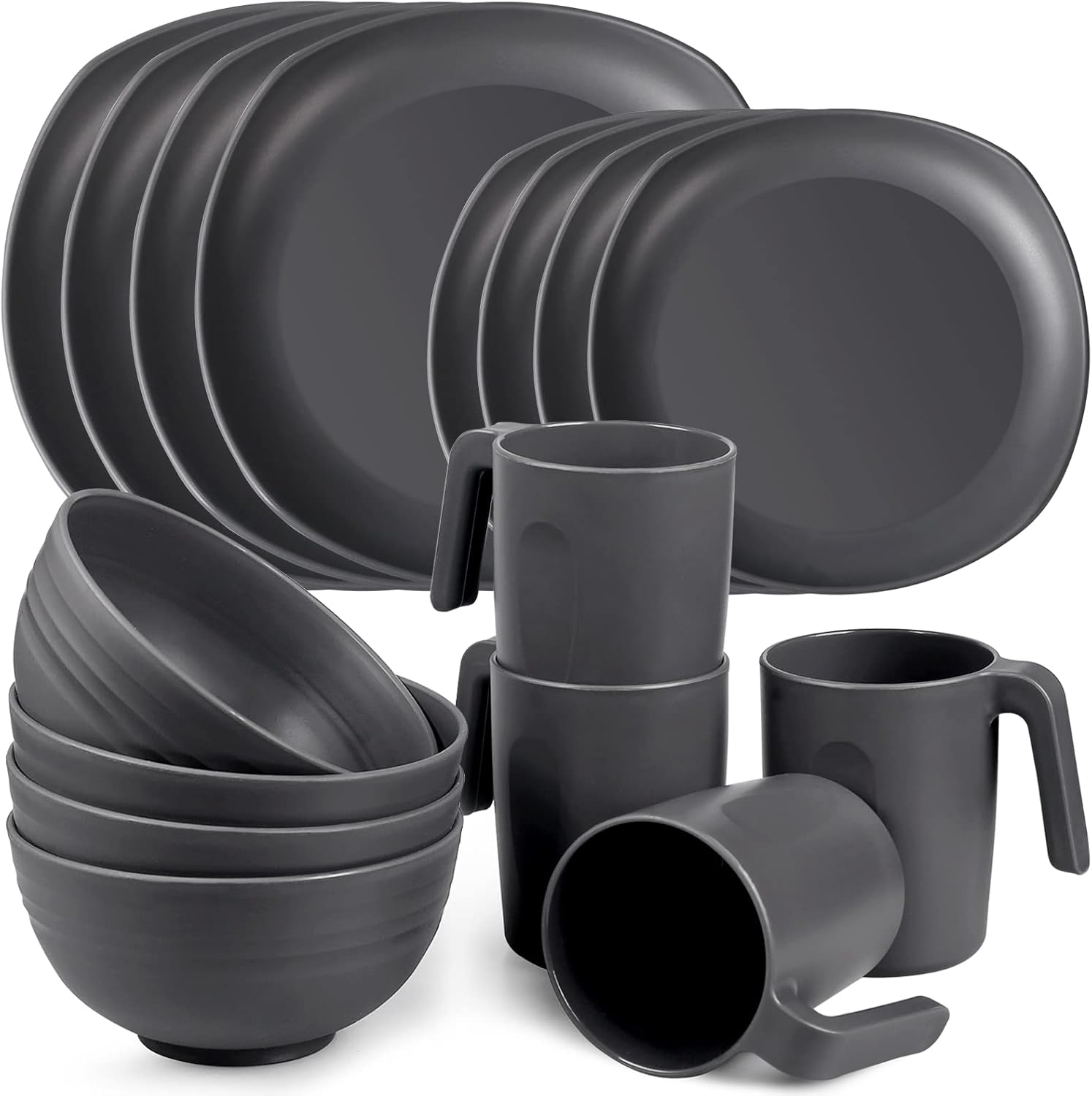 Greentainer Unbreakable Lightweight Dinnerware Sets, Plastic Dinner Set, 4 Dining Plates, 4 Bowls, 4 Cups, Microwave and Dishwasher Safe, Camping Tableware for Kids and Adults, Service for 4(Grey)