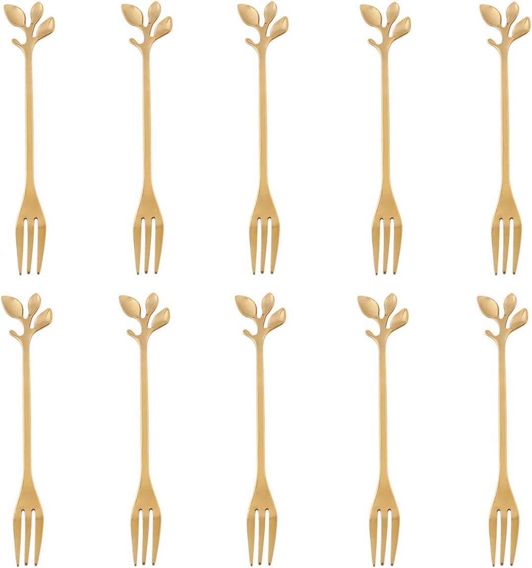 AnSaw 10-Piece Gold Mini Leaf Dessert Forks Set - 4.7" Elegant Stainless Steel Fruit, Appetizer, Cake & Salad Forks - Perfect for Cocktail Parties & Home Use