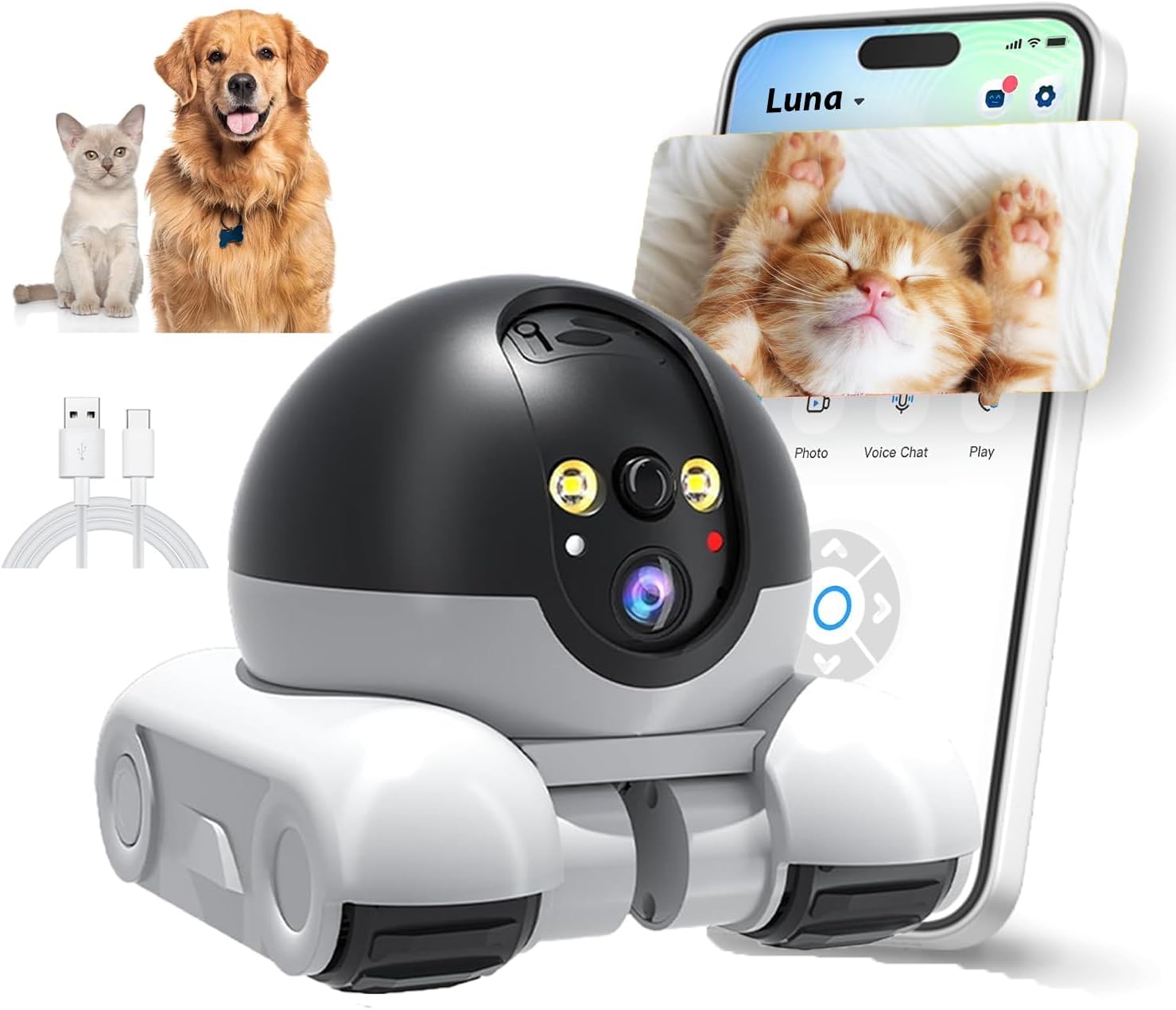 Pet Camera Robot, Wireless 1080P Movable Pet Camera Battery-Powered with Phone App emote Control for Cats Dogs, Indoor Cam, 2-Way Talk, Night Vision, Motion Detection