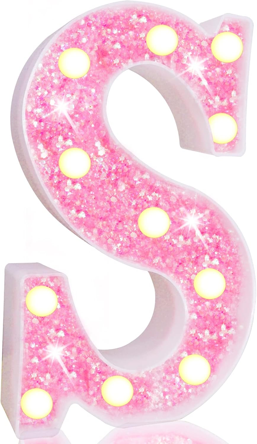 Pooqla LED Marquee Letter Lights, Light Up Pink Letters Glitter Alphabet Letter Sign Battery Powered for Night Light Birthday Party Wedding Girls Gifts Home Bar Christmas Decoration, Pink Letter S