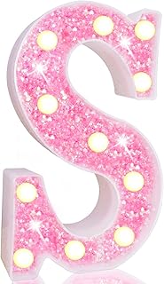 Pooqla LED Marquee Letter Lights, Light Up Pink Letters Glitter Alphabet Letter Sign Battery Powered for Night Light Birthday Party Wedding Girls Gifts Home Bar Christmas Decoration, Pink Letter S