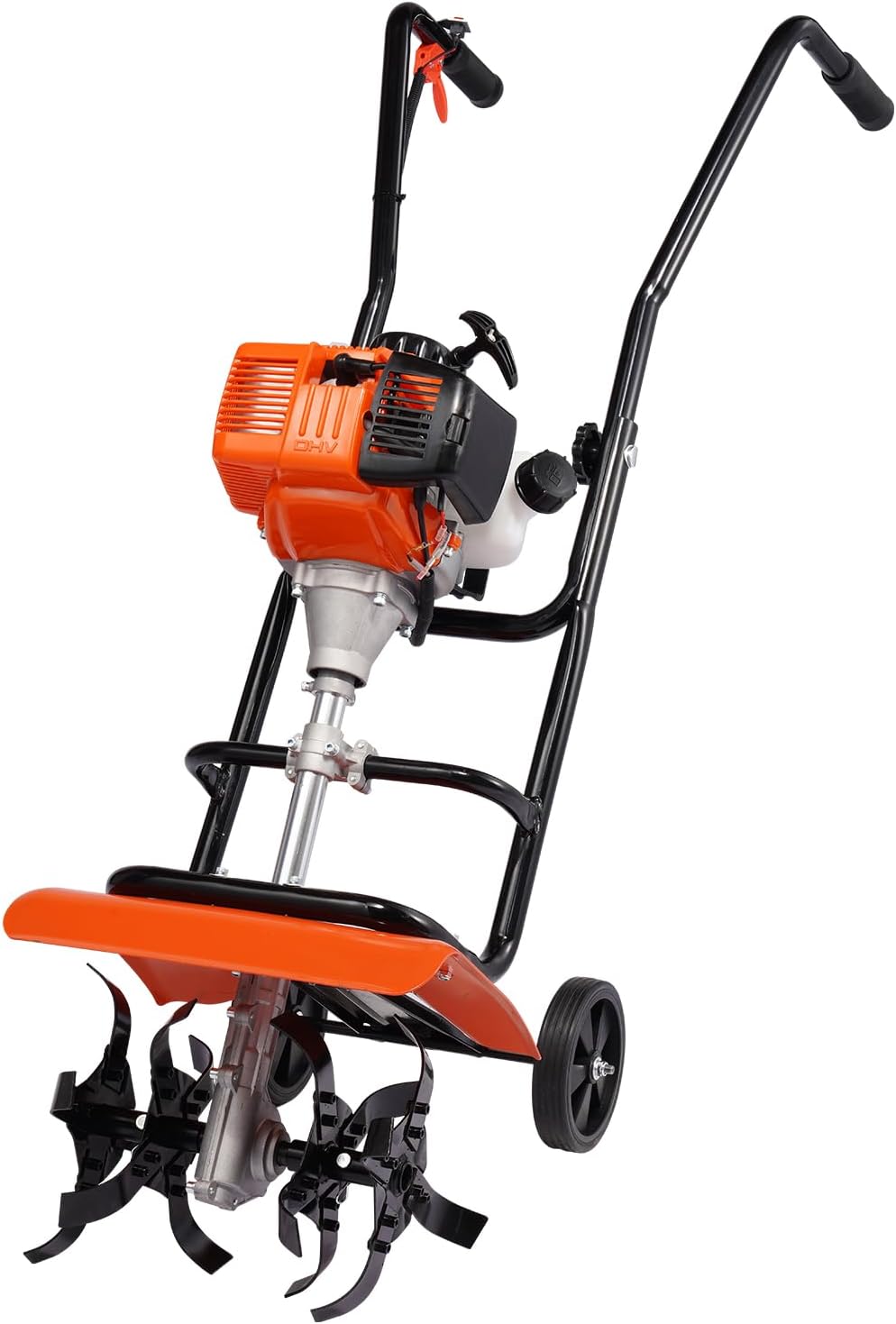 VEVOR Tiller Cultivator, 31CC 4-Stroke Garden Cultivator, Tiller with 4 Steel Adjustable Front Tines for Lawn, Garden and Field Soil Cultivation, Orange