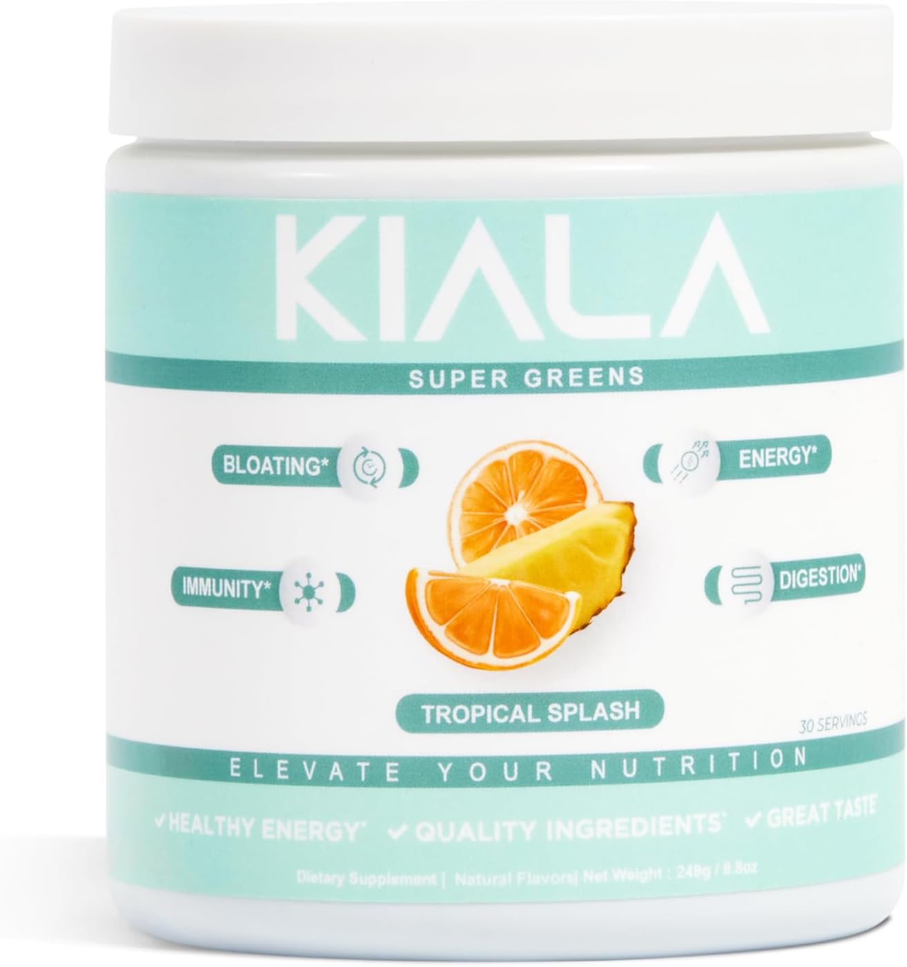 Kiala Nutrition Super Greens, Organic Greens Powder with Spirulina & Chlorella for Digestion, Gut Health, Immunity & Energy, Gluten Free, Vegan, Daily Support for Women, Tropical Splash, 30 Servings